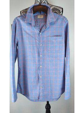 7Diamonds Button Up Shirt Men’s S Blue Pink Plaid Long Sleeve Pocket Casual